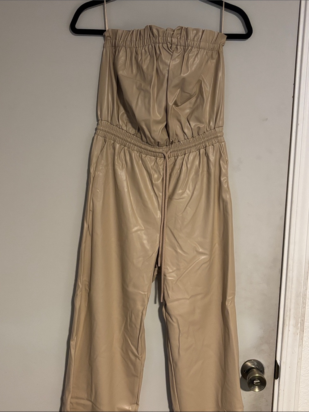 NWT Strapless Faux-Leather Jumpsuit in Beige